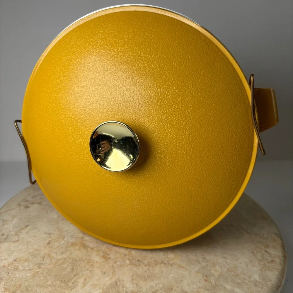 Vintage Ice Bucket Mustard Yellow Faux Leather Vinyl Insulated Mid Century Retro